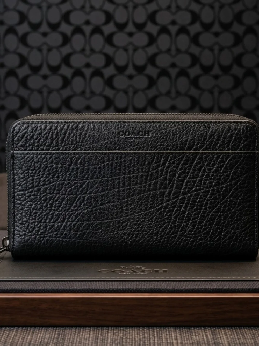 Coach Unisex Black Pebbled Leather Double Zip Wallet XL Organizer Clutch